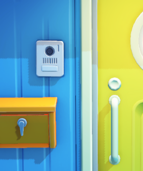 A doorbell camera on the front of a mii's house.