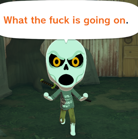 Badass Skeleton's vulgar greeting.